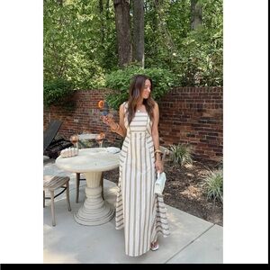 vestique Cream and White Striped Maxi Dress